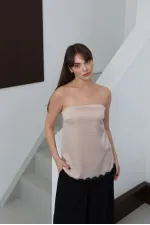 Topshow - Lace Strapless Satin Blouse - Stone | D2941