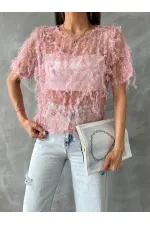 Topshow Pudra Simli Saçaklı Toptan Bluz