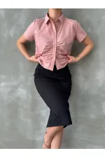 Topshow Powder Gipel Front Gathered Wholesale Blouse