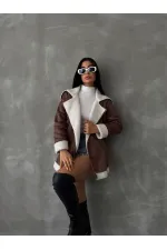 Manteau en cuir à fermeture éclair et col en fourrure (vente en gros) - Beige crème | TOPSHOW | F1534