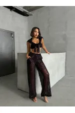 Pullu Tül Toptan Pantolon - Siyah Bordo | TOPSHOW | F1611