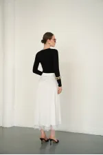 Dantel Detaylı Saten Toptan Etek - Krem | D2930 - Topshow