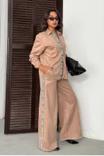 Topshow Stripe Detailed Scuba Suede Trousers - Mink | F1972