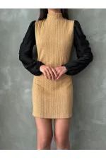 Leather Sleeve Turtleneck Knee-Length Wholesale Dress - Camel | TOPSHOW | F1143