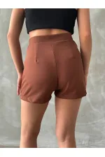 Topshow Koyu Kahve Süs Düğmeli Toptan Şort