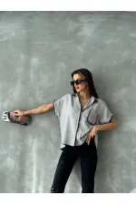 Topshow Gri Çoban Dikişli Keten Toptan Gömlek