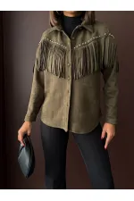 Topshow Püsküllü Droplı Scuba Süet Toptan Gömlek - Haki | F2029