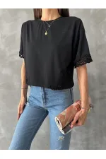 Topshow Siyah Dantel Detaylı Toptan Tişört