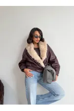 Veste en cuir croisée à col en fourrure Topshow - Bordeaux | F2050