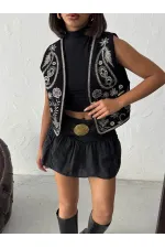 Topshow - Toptan Fitili Kadife Nakışlı Yelek - Siyah