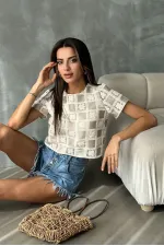 Topshow Raw Stone Short Sleeve Checkerboard Pattern Crochet Wholesale Blouse