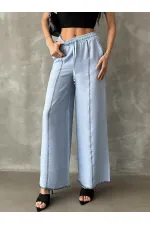 Nakışlı Keten Boru Paça Toptan Pantolon - Mavi | TOPSHOW | F1675