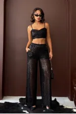 Topshow - Wholesale Sequined Wide Leg Women's Trousers - Stylish Night Outfit - Black