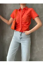 Topshow Orange Gipel Front Gathered Wholesale Blouse