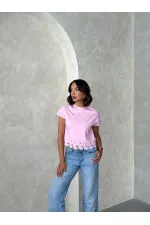 Guipure Detailed T-Shirt - Pink | topshow