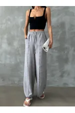 Pantalon droit en lin brodé - Gris | TOPSHOW | F1675