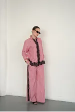 Lace Detail Striped Wholesale Trousers - Burgundy | F2083 - Topshow