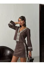 Topshow Stripe Detailed Scuba Suede Zippered Jacket - Brown | F1971