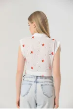 Chemise Topshow rouge brodée au-dessus du ventre (vente en gros)
