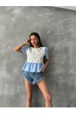 Blouse Topshow bleue à détails en dentelle (vente en gros)