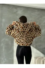 Leopar Bakılı Peluj Toptan Mont - Koyu Taş Leopar | TOPSHOW | F1654