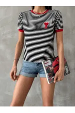 T-shirt rayé brodé noir et rouge Topshow en gros