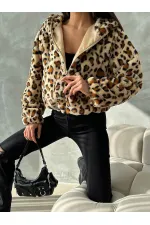 Leopar Bakılı Peluj Toptan Mont - Koyu Taş Leopar | TOPSHOW | F1654