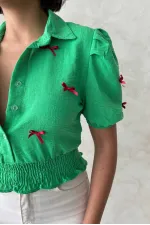 1 Fiyonklu Keten Toptan Gömlek - Zümrüt | Topshow