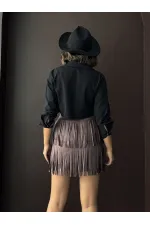 Topshow Tasseled Scuba Suede Skirt - Brown | F2030