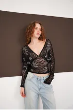 Blouse en dentelle à col V en gros - Noire | F2093 - Topshow