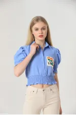 Chemise bleue brodée Topshow en gros