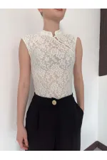 D 2997 KOLSUZ DANTEL BLUZ - KREM