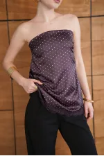 Bustier en satin à pois et détails en dentelle - Café | D2963 - Topshow