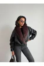 Topshow Fur-Collared Double-Breasted Leather Jacket - Black | F2050