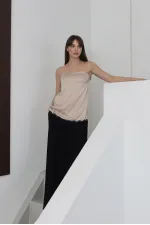 Topshow - Lace Strapless Satin Blouse - Stone | D2941