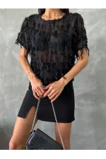 Topshow Siyah Simli Saçaklı Toptan Bluz