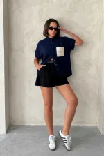 Topshow Lacivert Keten Ham Cep Aplik Cepli Keten Toptan Gömlek