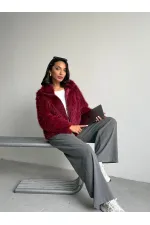 Women's Faux Fur Jacket – Zippered, Soft Textured Modern Winter Coat - BURGUNDY