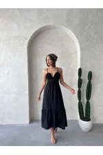 Robe longue Topshow en lin noir à bretelles et col en V, vente en gros