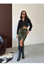 F 2053 SEQUINED VELVET LONG SKIRT - KHAKI