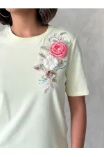 Çiçek Detaylı Tişört - Sarı | Topshow