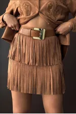 Topshow Tasseled Scuba Suede Skirt - Tan | F2030