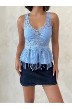 Dantel Detaylı Askılı Toptan Bluz- Mavi | Topshow