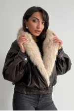 Topshow Fur-Collared Double-Breasted Leather Jacket - Brown | F2050