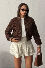 Topshow - Toptan Gül Süzüneli Fermuarlı Mont - Kahve