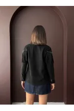Chemise Topshow à franges en daim scuba - Noir | F2029