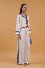 Denim Striped Wholesale Trousers - Cream | Topshow | F1890