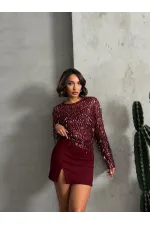 Yırtmaçlı Toptan Etek - Bordo | TOPSHOW | F1351