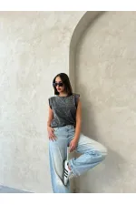 Blouse noire délavée avec détails en pierre - Vente en gros | Topshow