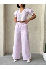 Güpür Detaylı Çizğili Pantolon - Pembe | Topshow